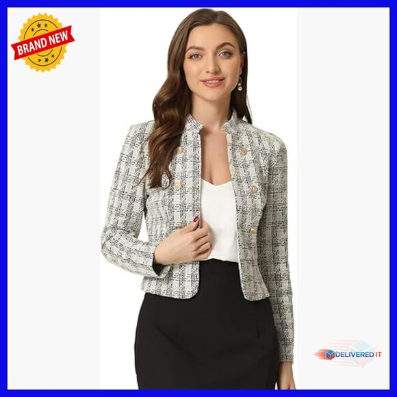 Jackets & Blazers - Cropped Tweed Blazer with Stand Collar, Business Casual Jacket for Women